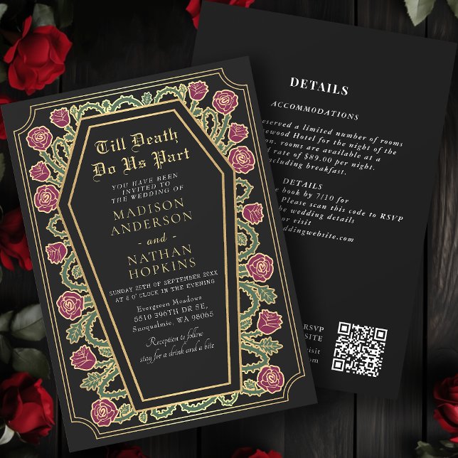 Death Do Us Part Gold Black Gothic Wedding QR Code Invitation (Creator Uploaded)