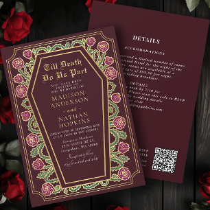 Death Do Us Part Gold Red Gothic Wedding QR Code Invitation