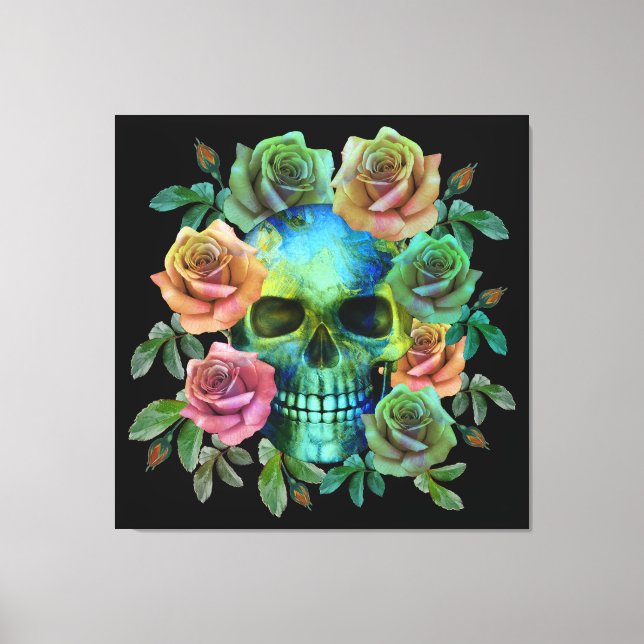 DEATH GREEN SKULL WITH FLOWERS CANVAS PRINT (Front)