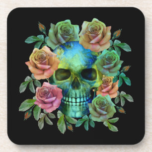 DEATH GREEN SKULL WITH FLOWERS COASTER