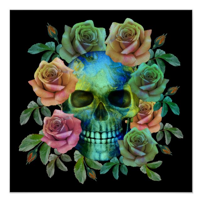 DEATH GREEN SKULL WITH FLOWERS POSTER (Front)