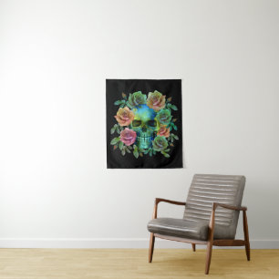 DEATH GREEN SKULL WITH FLOWERS TAPESTRY