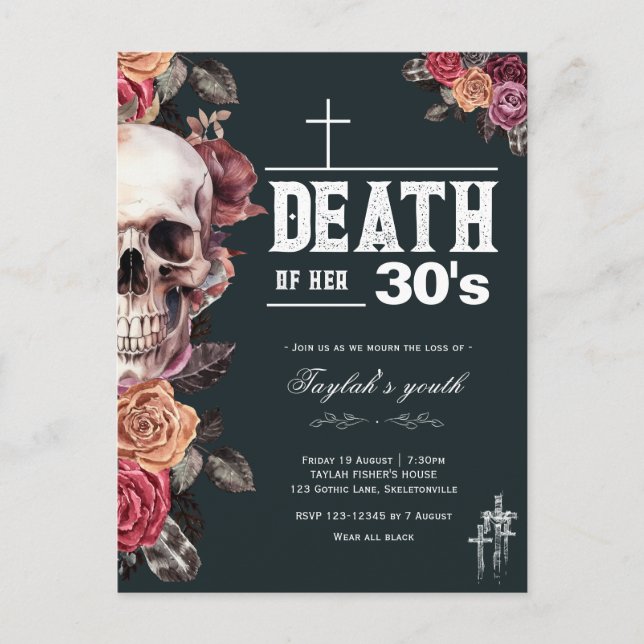 Death of her 30s - 40th birthday invitation postcard (Front)