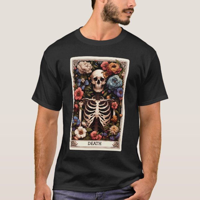 Death Tarot Card Witchy Skeleton Botanical T-Shirt (Front)