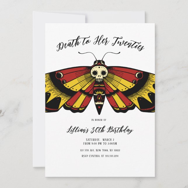 Death to 20s Birthday Moth and Skull Design Invitation (Front)