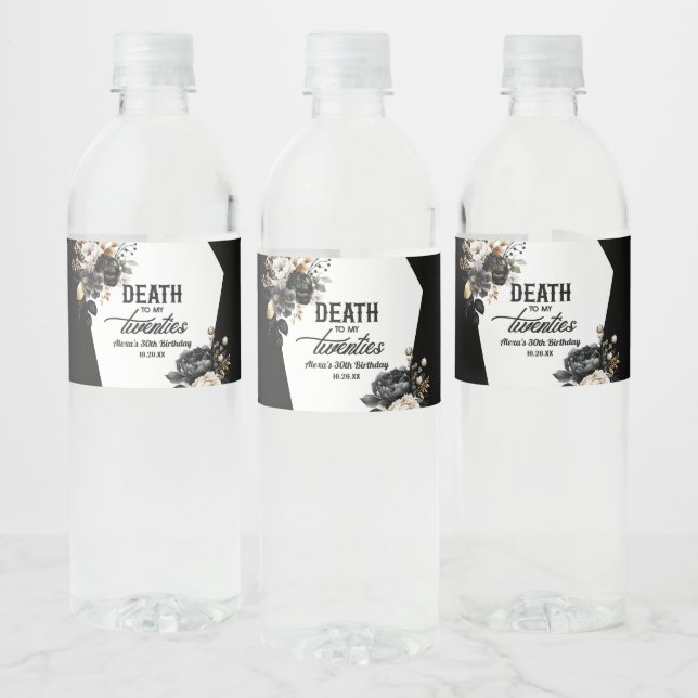 Death To My Twenties Floral 30th Birthday Party Water Bottle Label (Bottles)