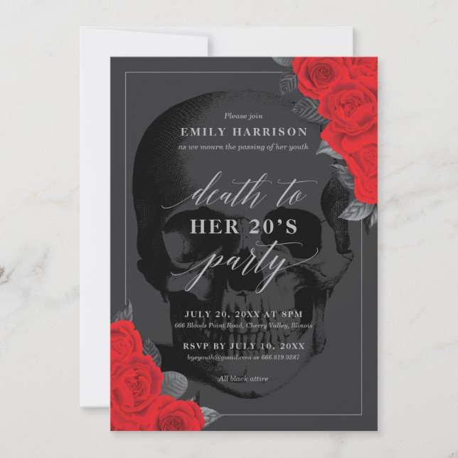 Death to Your 20's Party Invitation with Red Roses (Front)