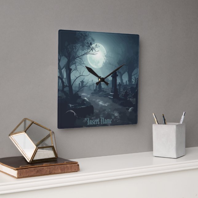 Death's Domain: A Spooky Cemetery View Square Wall Clock (Office)