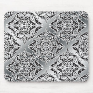Debonair Damask Black, White, Silver Mouse Mat