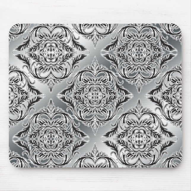 Debonair Damask Black, White, Silver Mouse Mat (Front)