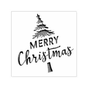 Debossed "Merry Christmas" Tree Text on White Self-inking Stamp