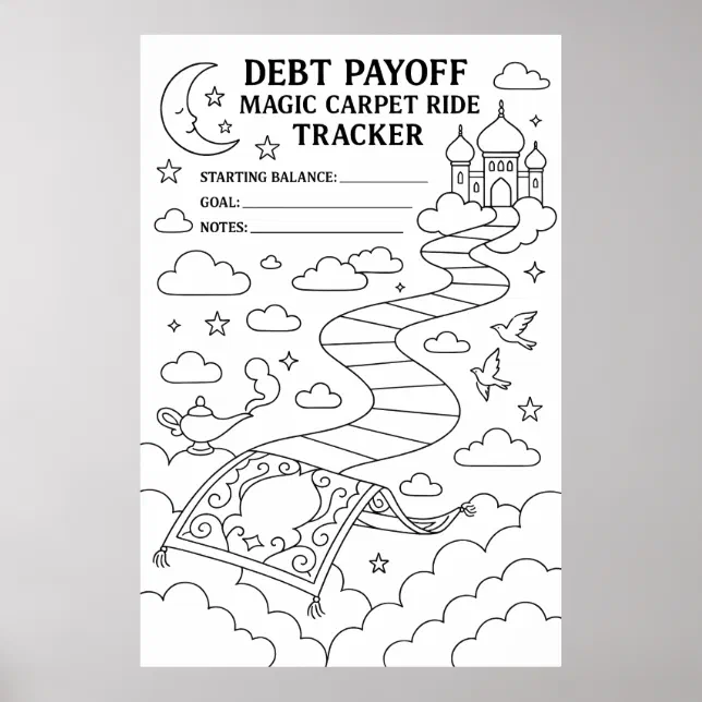 Debt Payoff Magic Carpet Ride Tracker Colouring Poster | Zazzle
