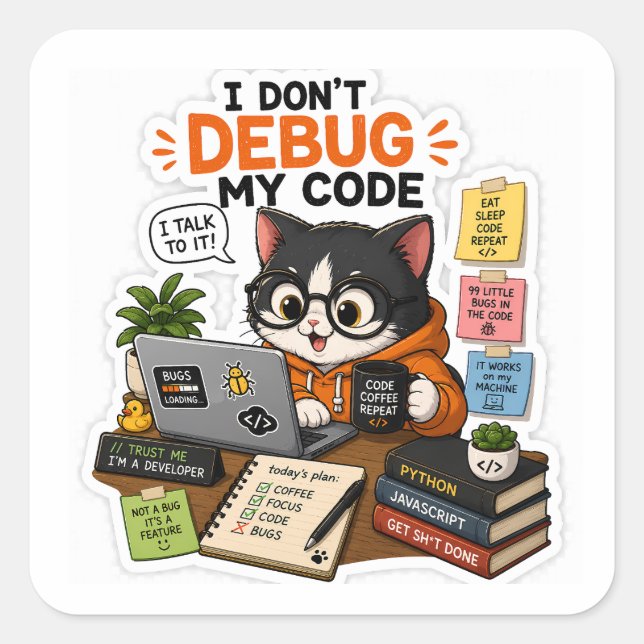 Debug Cat – I Don't Debug My Code, I Talk To It! Square Sticker (Front)
