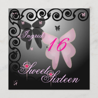 Debutant Butterfly Sweet Sixteen Pink/Black Invit. Invitation