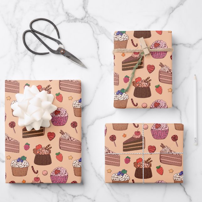 Decadent Cake Slices & Sweet Bakery Pattern Wrapping Paper Sheet (Front)