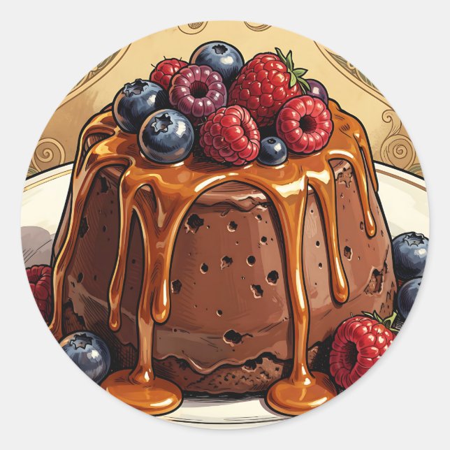 Decadent Chocolate Caramel Berry Cake Classic Round Sticker (Front)