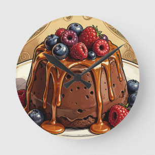 Decadent Chocolate Caramel Berry Cake Round Clock