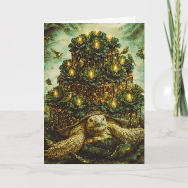 Decadent Forest cake turtle with flowers and birds Card (Front)