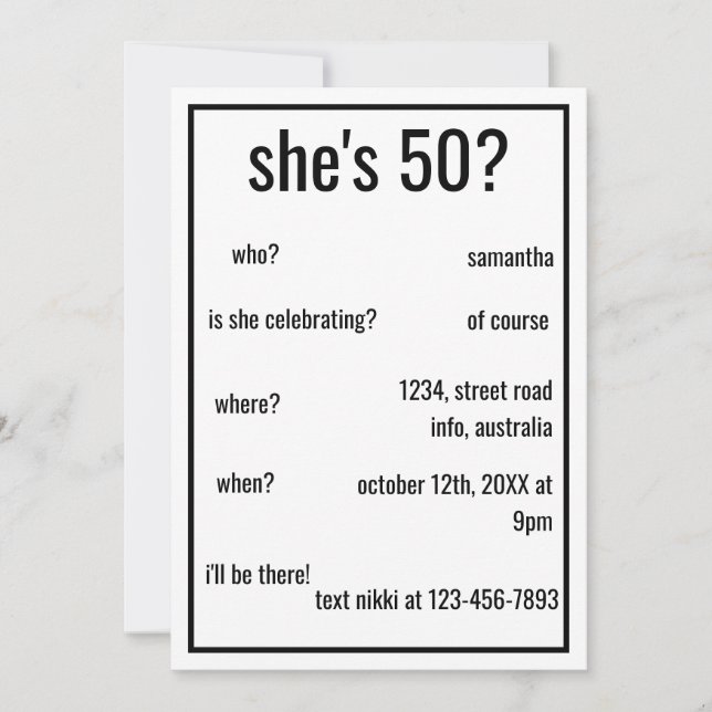 Decades Funny Simple Birthday Minimalist Custom  Invitation (Front)