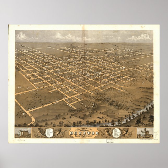 Decatur Illinois 1869 Antique Panoramic Map Poster (Front)