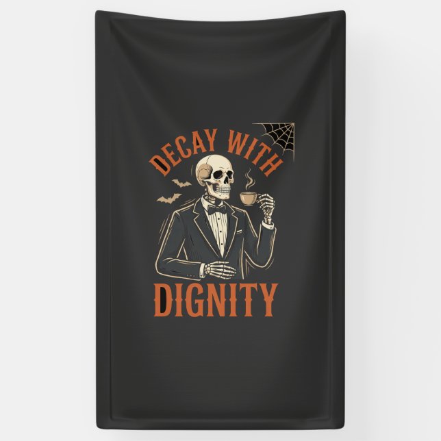 Decay With Dignity Vintage Skeleton Coffee Hallowe Banner (Vertical)
