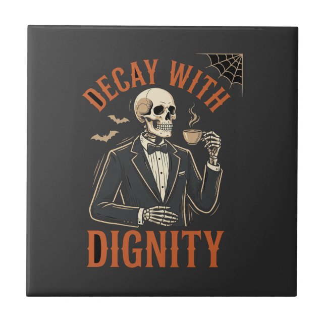 Decay With Dignity Vintage Skeleton Coffee Hallowe Tile (Front)