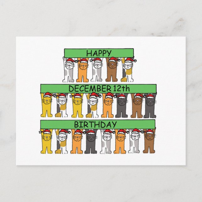 December 12th Birthday Cartoon Cats Postcard (Front)