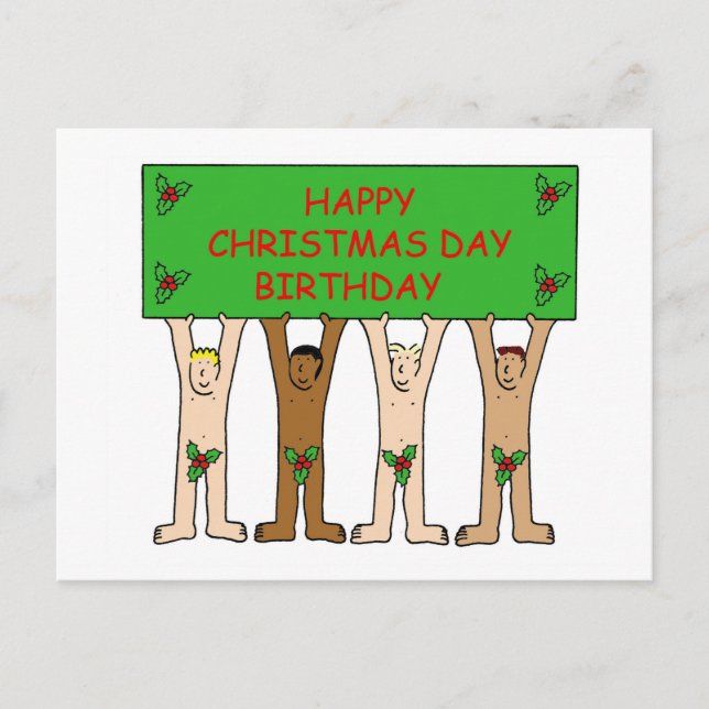 December 25th Birthday Fun Men With Holly Postcard (Front)