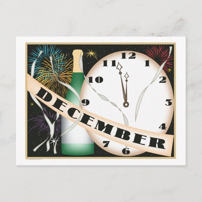December Art Deco Champagne and Fireworks Postcard (Front)
