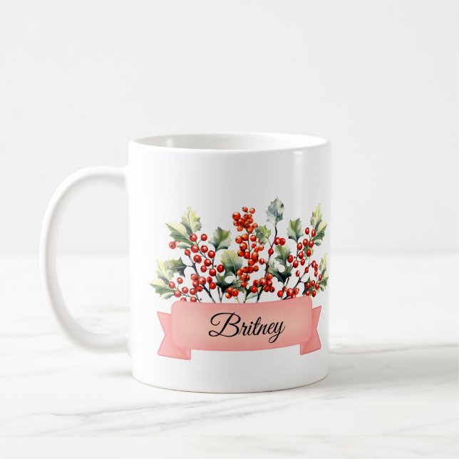 December Birth Holly Flower Personalised Coffee Mug (Left)