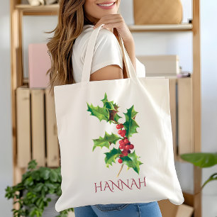 December Birth Month Flower Red and Green Holly Tote Bag