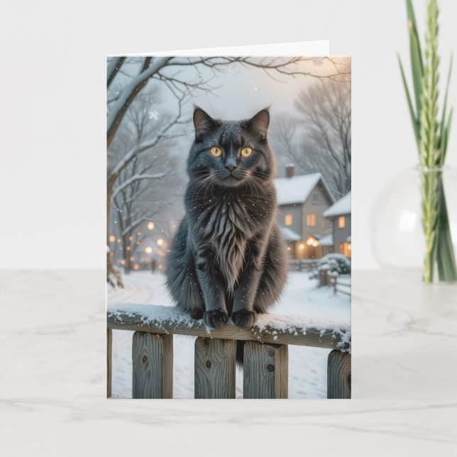 December Birthday Black Cat On a Snowy Fence Card (Front)