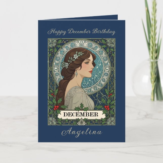 December Birthday Holly Berries Winter Blue Card (Front)