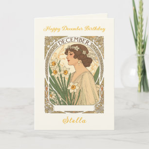 December Birthday Narcissus Illustration Art Nouve Card