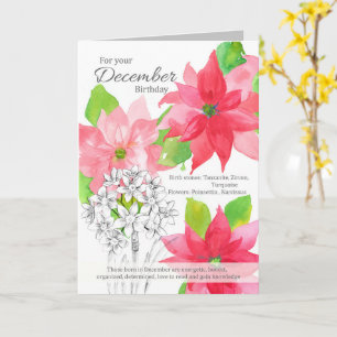 December Birthday Poinsettia Narcissus Botanical Card
