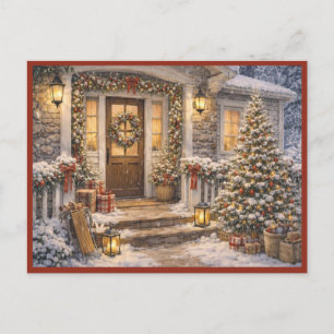 December Holiday Porch Scene Watercolor Art Postcard