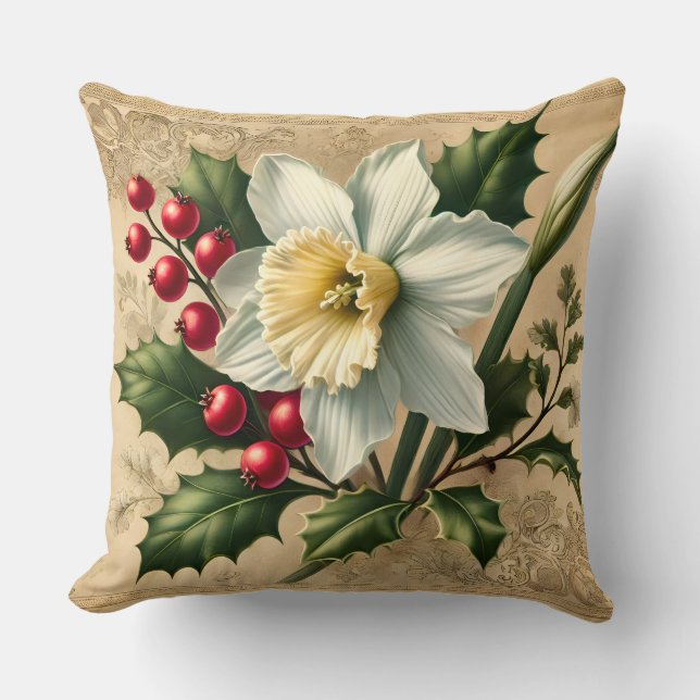 December Narcissus & Holly Birth Month Cushion (Front)