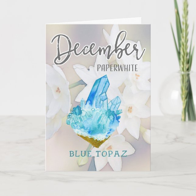 December Paperwhite and Blue Topaz Birthday Card (Front)