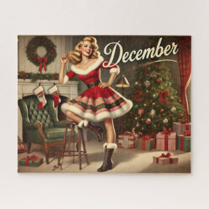 December Retro Christmas Blonde Pin-Up Girl Jigsaw Puzzle