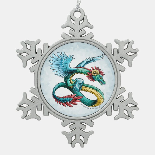 December’s Birthstone Dragon: Turquoise Snowflake Pewter Christmas Ornament (Front)