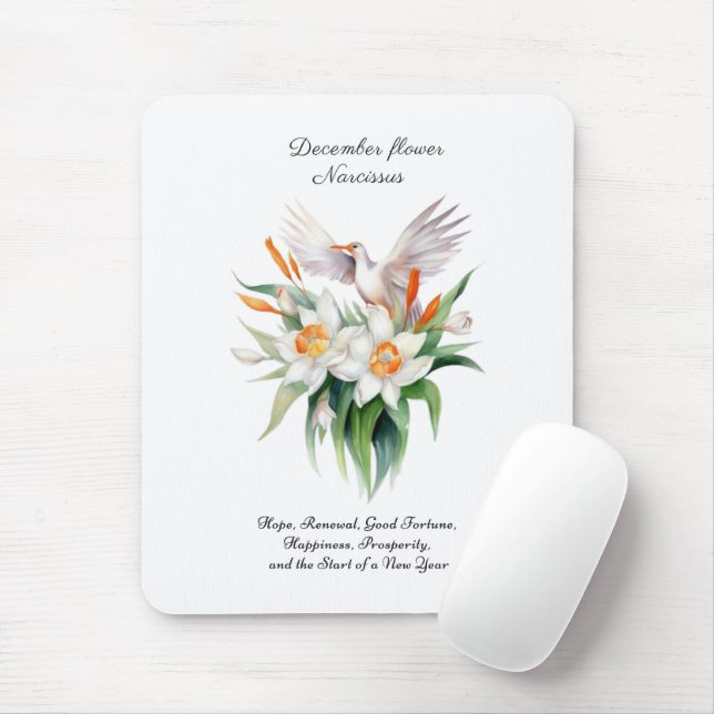 December’s Narcissus Flower with Floral Bird Mouse Mat (With Mouse)