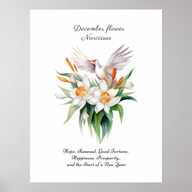 December’s Narcissus Flower with Floral Bird Poster (Front)
