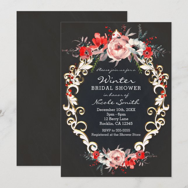 December Winter Bridal Shower Holly Berry Floral Invitation (Front/Back)
