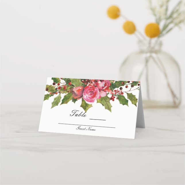 December Winter Wedding Holly Berries Floral Table Place Card (Back)