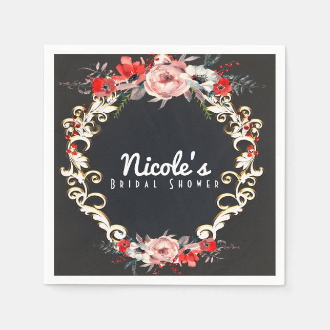 December Winter Wedding Holly Berry Floral Elegant Napkin (Front)