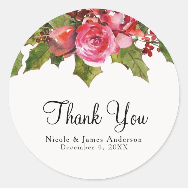 December Winter Wedding Holly Berry Floral Holiday Classic Round Sticker (Front)
