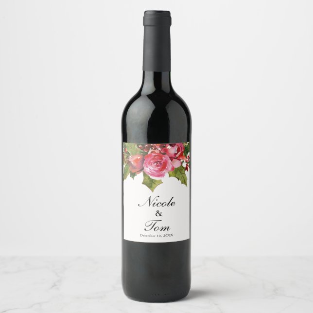 December Winter Wedding Holly Berry Floral Wine Wine Label (Front)