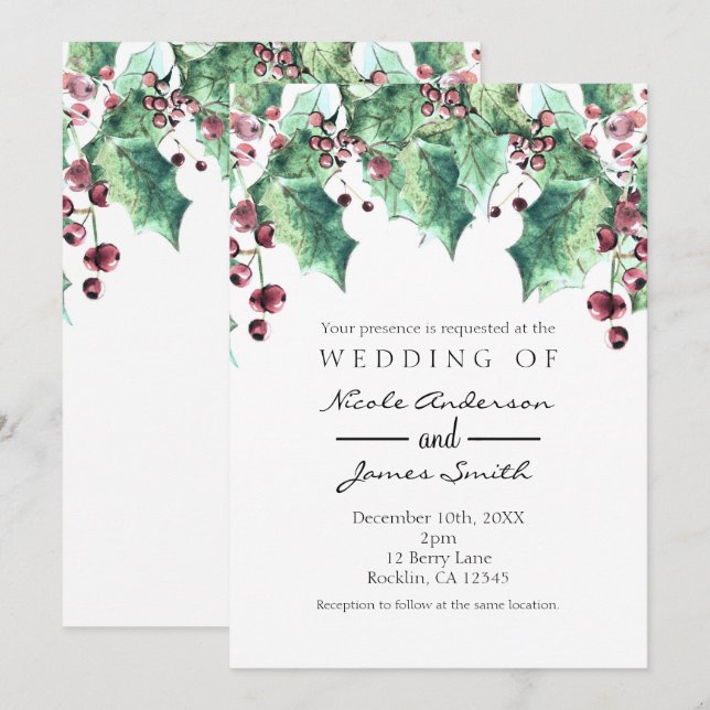 December Winter Wedding Holly Berry Holiday Invitation (Front/Back)
