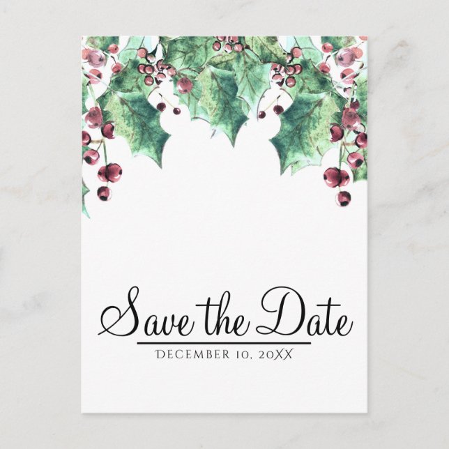 December Winter Wedding Holly Berry Save the Date Announcement Postcard (Front)