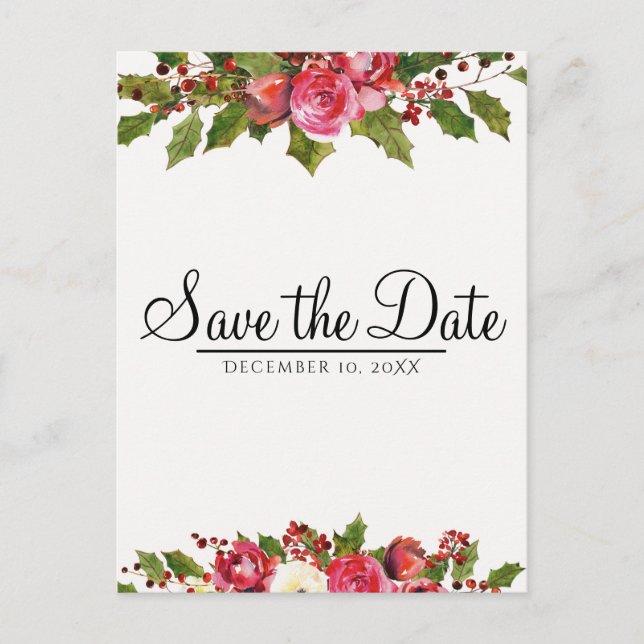 December Winter Wedding Holly Floral Save the Date Announcement Postcard (Front)